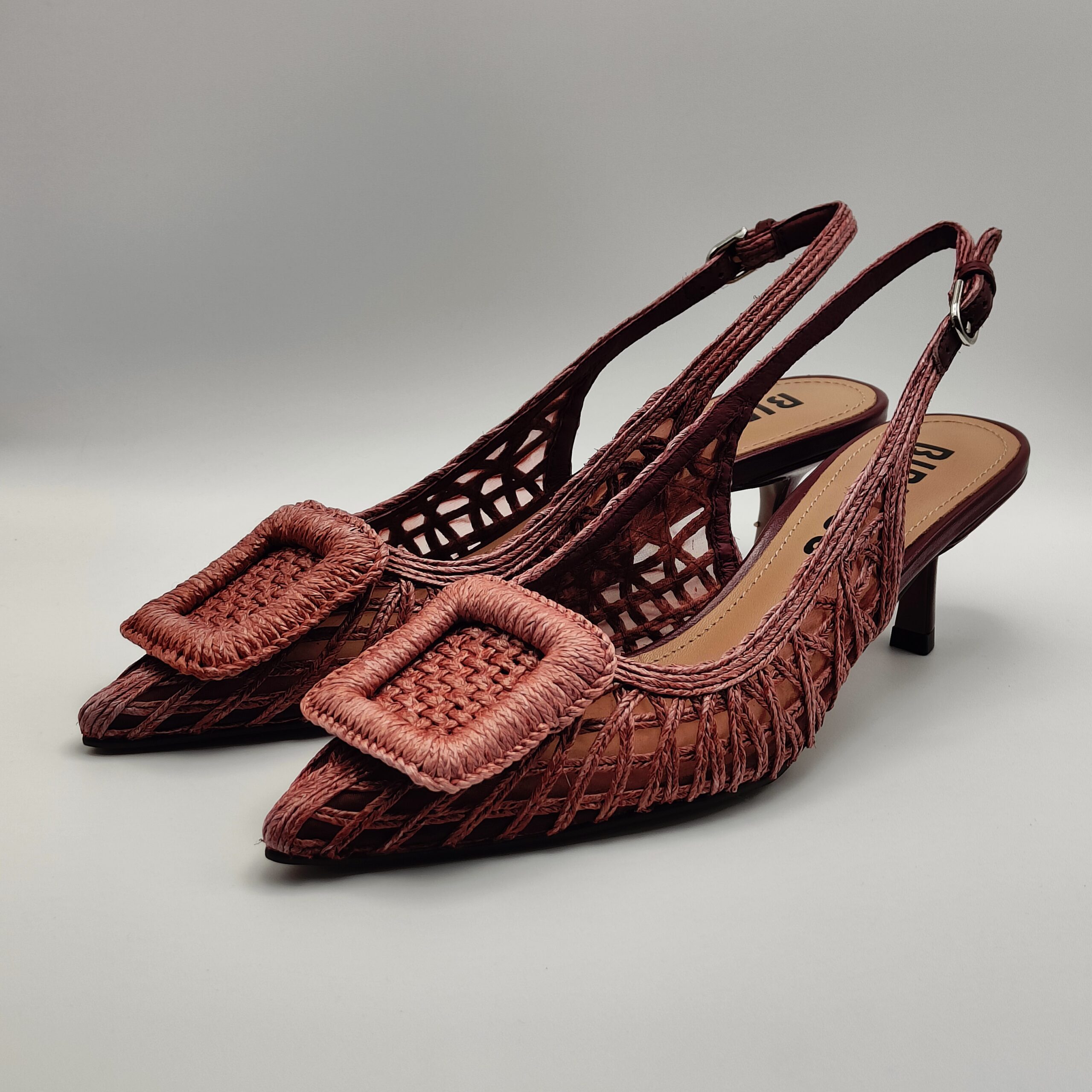 BIBILOU - Chanel con fibbia in rafia intrecciata cerise tacco 50