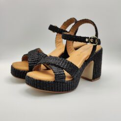 SANDRO ROSI - Sandalo zoccolo incrocio in rafia nero zeppa 70