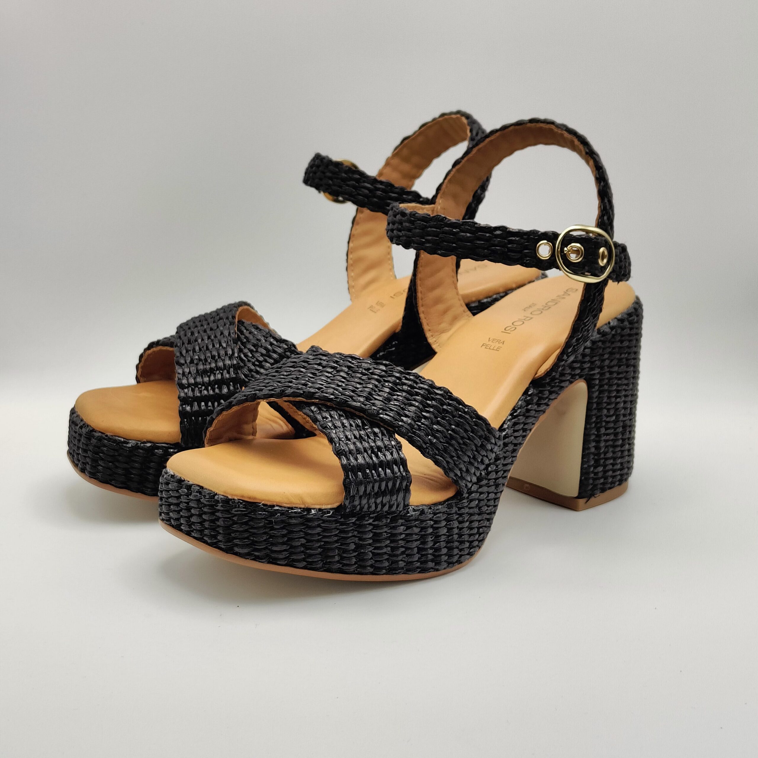 SANDRO ROSI - Sandalo zoccolo incrocio in rafia nero zeppa 70