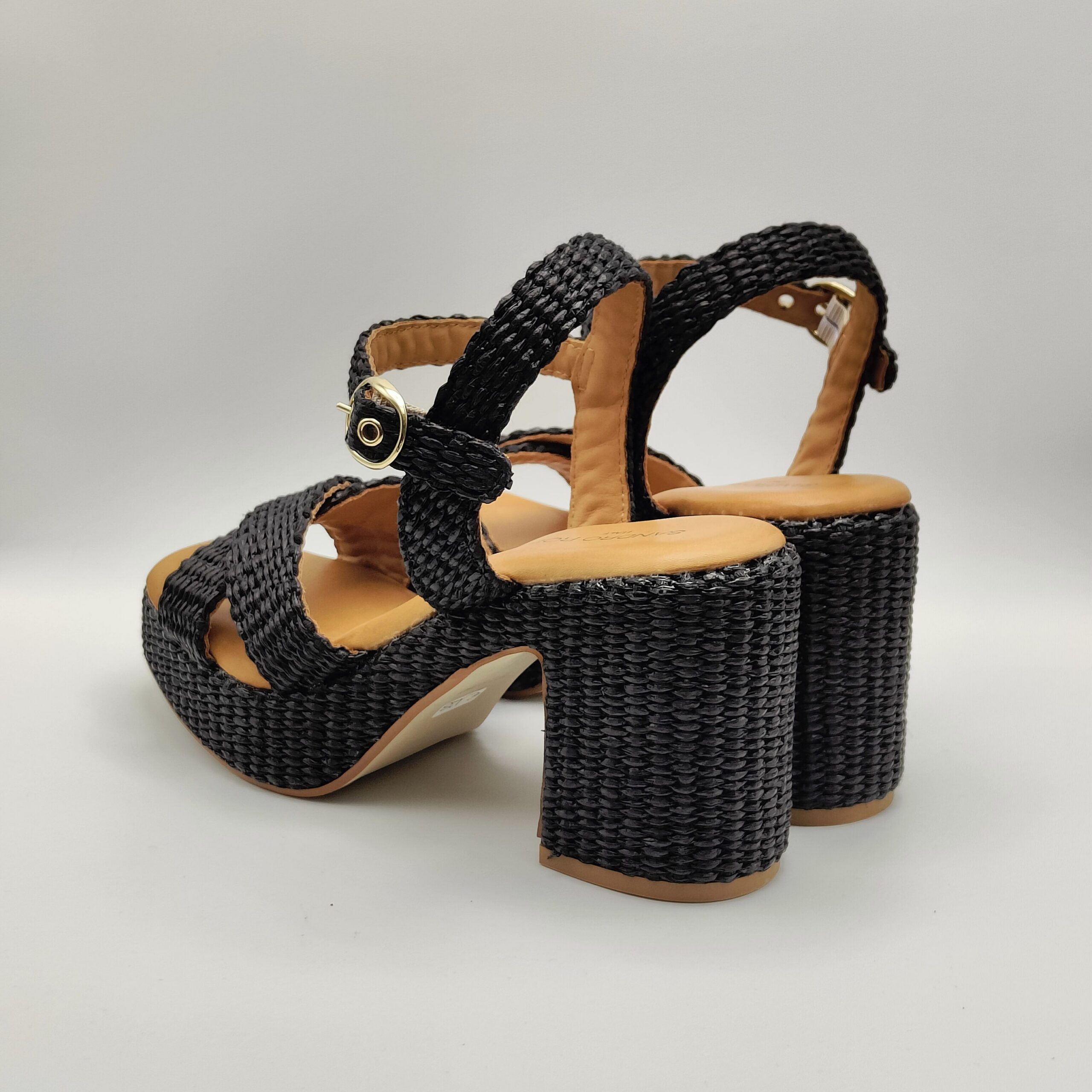 SANDRO ROSI - Sandalo zoccolo incrocio in rafia nero zeppa 70 - immagine 5