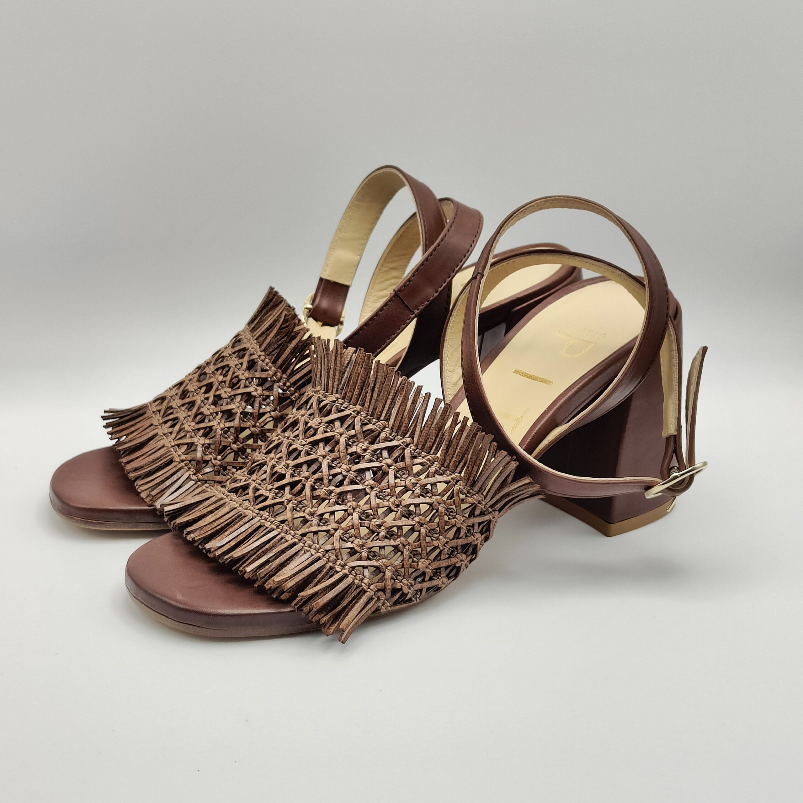 MATTEO PITTI - sandalo microintreccio frange pelle testa moro 70mm