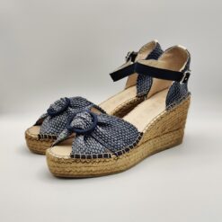 ALHAMAS - sandalo espadrilla  fibbia tessuto azzurro fondo corda zeppa 70