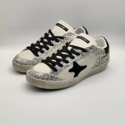 AMA BRAND - sneaker SUN pelle avorio glitter argento + nero fondo cassetta