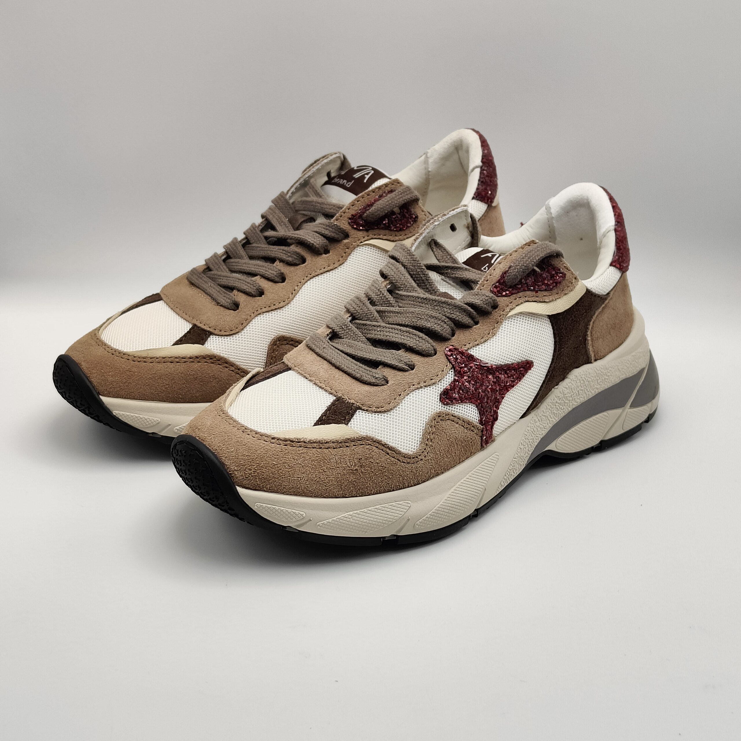 AMA BRAND - sneaker RUN camoscio marrone nylon bianco glitter bordo' fondo run