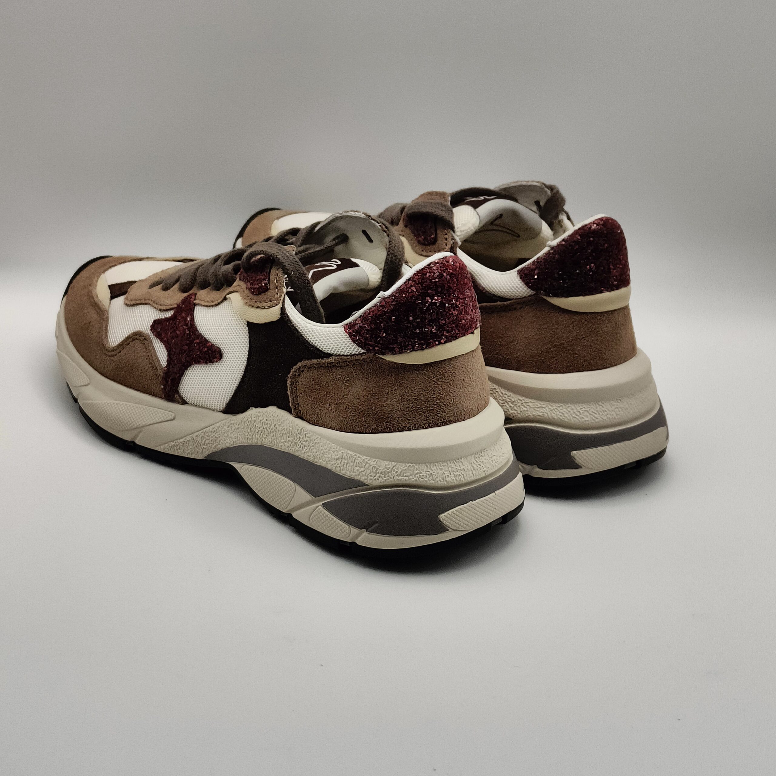 AMA BRAND - sneaker RUN camoscio marrone nylon bianco glitter bordo' fondo run - immagine 3